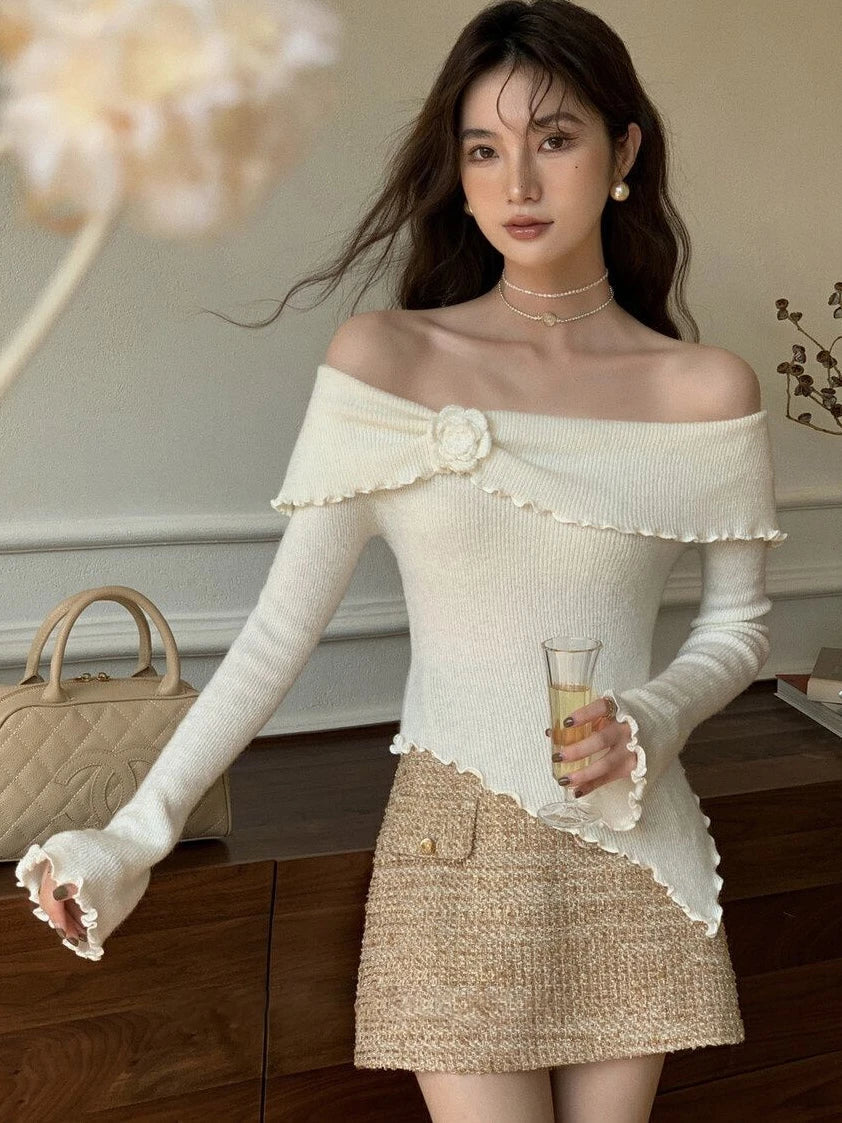 Korean Fashion Off Shoulder Sweater Women Fairycore Aesthetic Knitted Jumper Mujer Chic Elegant Long Sleeve Top Spring