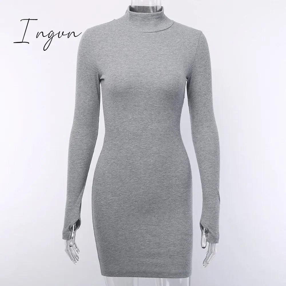 Ingvn - Autumn Long Sleeve Bottom Dress for Women High Collar Temperament Solid Color Dress Bodycon Mini Dresses Female Harajuku