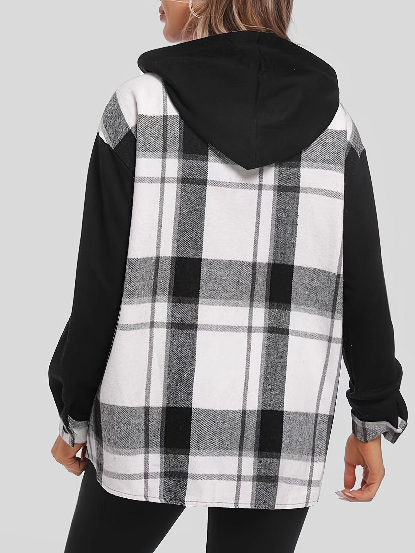 Plaid Print Hooded Jacket, Casual Button Front Long Sleeve Outerwear, Women's Clothing