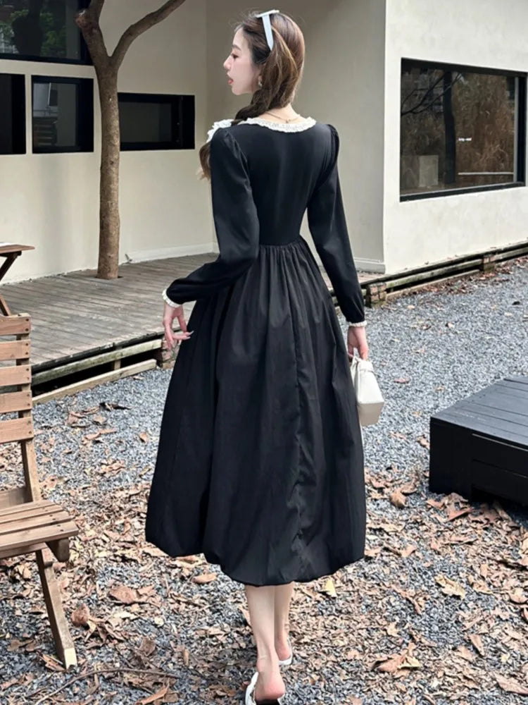 Autumn Sweet Black Midi Dresses for Women Elegant Long Sleeve Female Clothes Evening Party Dress Prom Robe Slim A-Line Vestidos