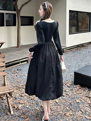 Autumn Sweet Black Midi Dresses for Women Elegant Long Sleeve Female Clothes Evening Party Dress Prom Robe Slim A-Line Vestidos