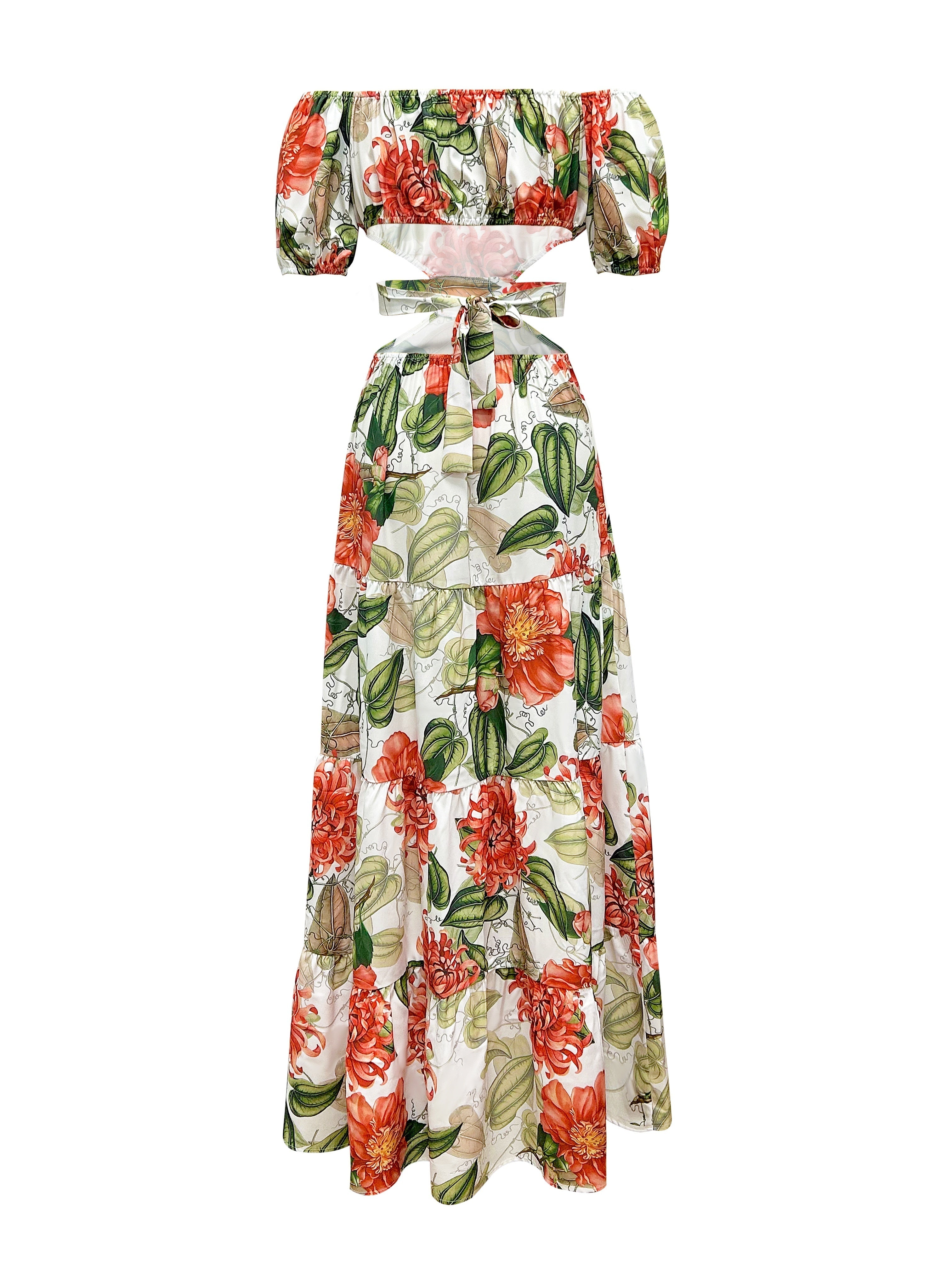 Flirty Floral Print Ruffle Hem Dress - Alluring Off Shoulder, Figure-Enhancing Cut Out Waist - Perfectly Playful Short Sleeves for Sexy Style - A Must-Have Womens Clothing Choice with Vibrant Pattern and Delicate Ruffles