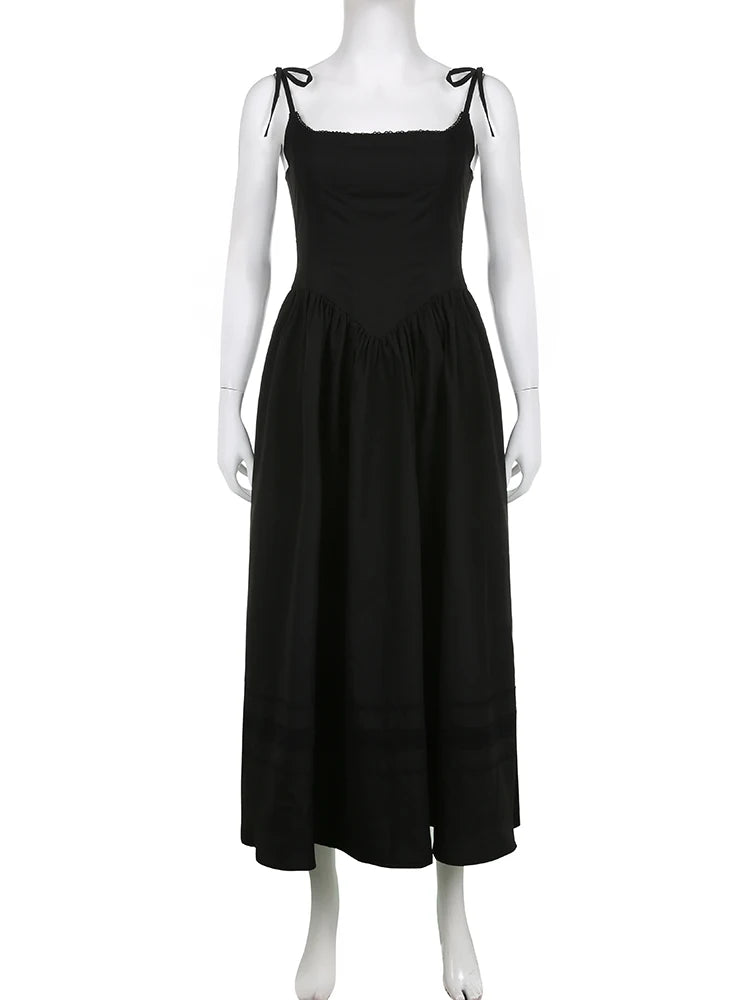 Casual Solid Lace Trim A-Line Long Dress Slim Slash Neck Sleeveless Maxi Dresses For Women Summer Fashion Ladies