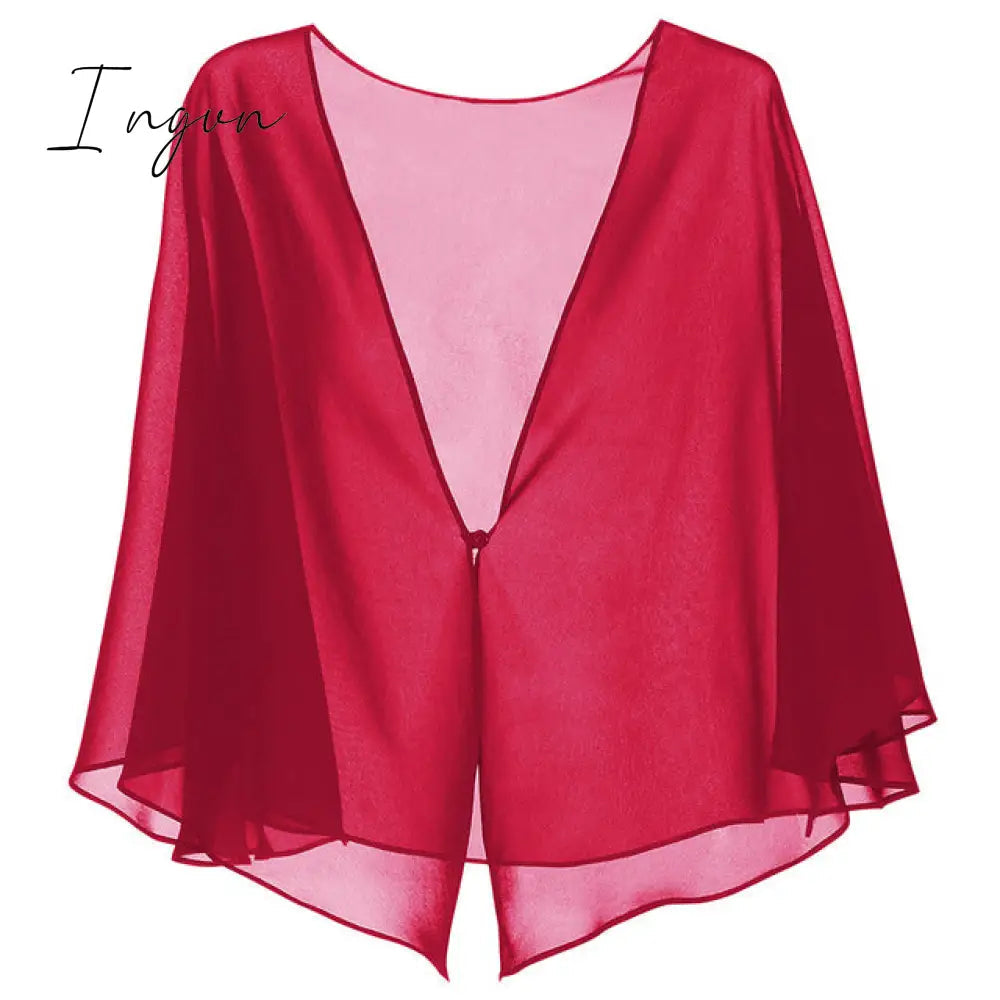 Ingvn - Womens Fashion Women Black Chiffon Bolero Prom Party V-neck with Button Shrug Elegant Simple Soft Casual Cape for Lady Evening Dress Red White