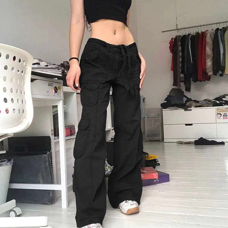 Voguable  Fashion American Trousers High Street Retro Gray Cargo Pants  Woman Sexy Low Waist Baggy Pants Casual Trousers Streetwear