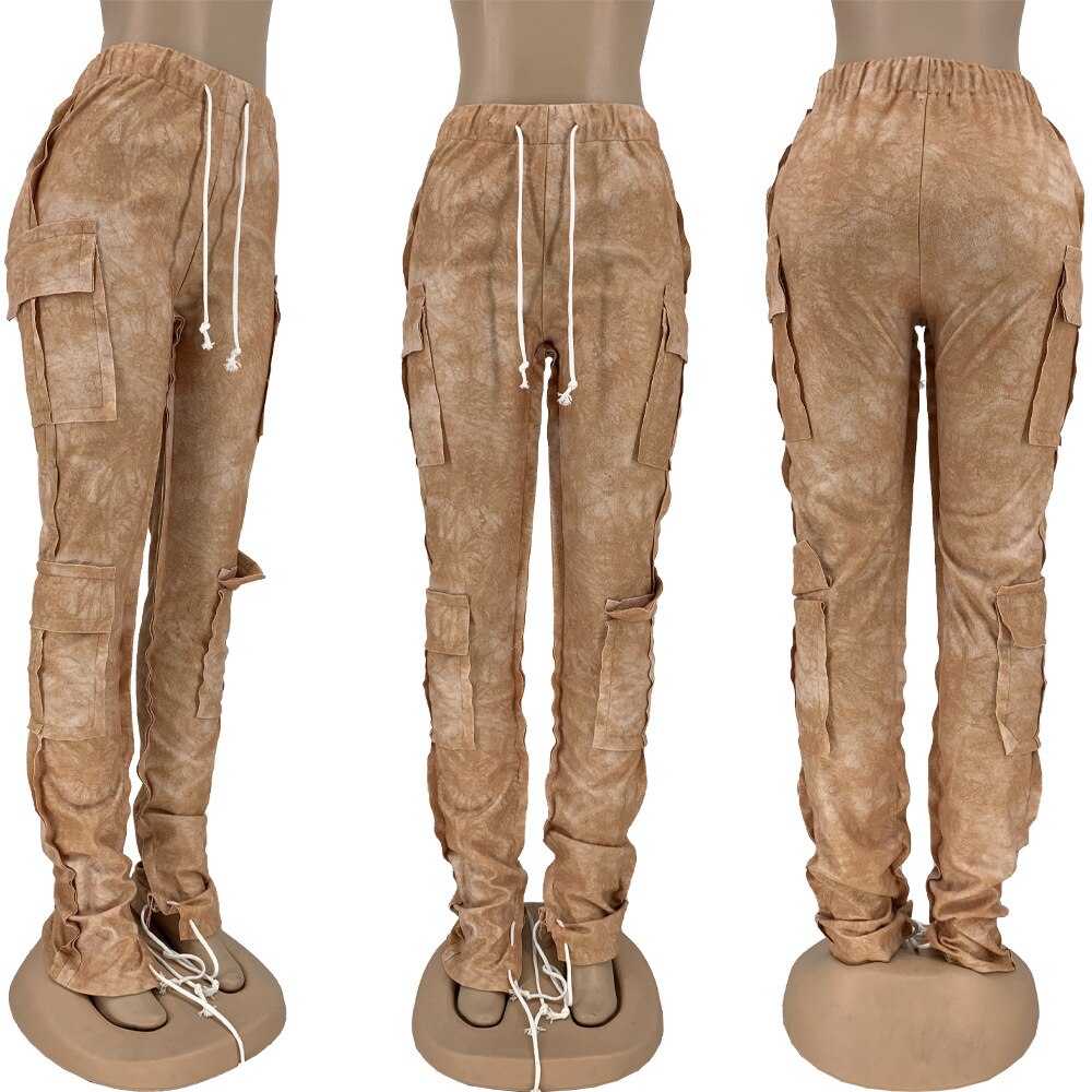Multi Pocket Drawstring Stacked Sweatpants Street Style Tie Dye Cargo Pants Y2k Clothes Women Trousers