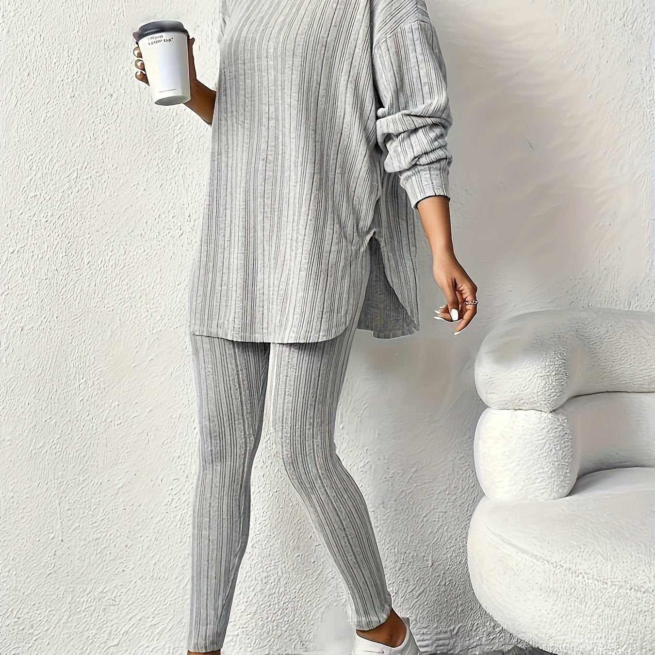 Sleek Duo, Elegant Solid Color Ribbed Hoodie & Leggings Set for Women - Long Sleeve, Polyester Blend, Machine Washable - Perfect for Spring/Fall