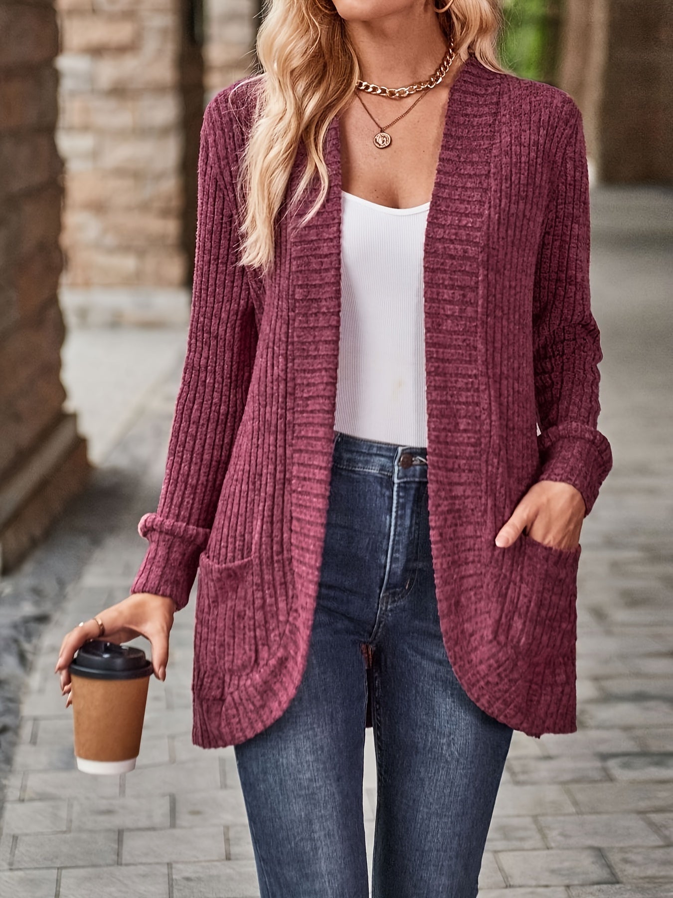 Cozy Rib Knit Cardigan for Women - Soft & Stylish Solid Open Front Sweater with Pockets - Casual Long Sleeve Fashion Clothing