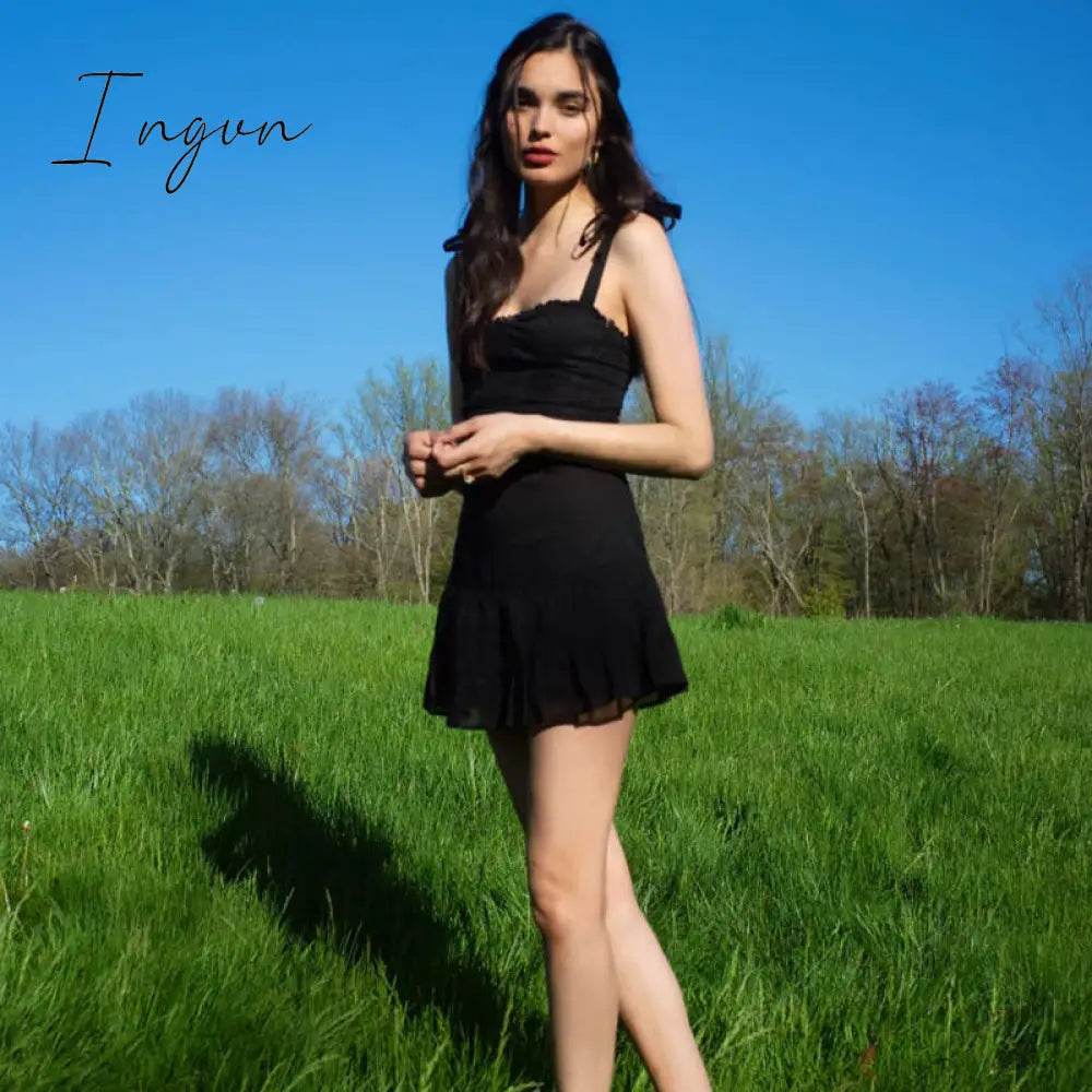 Ingvn - Sweetown Dark Academia Gothic Dresses Women Chiffon Ruffles Black E Girl Clothes Sleeveless V Neck Lace Up Mini Dress Summer