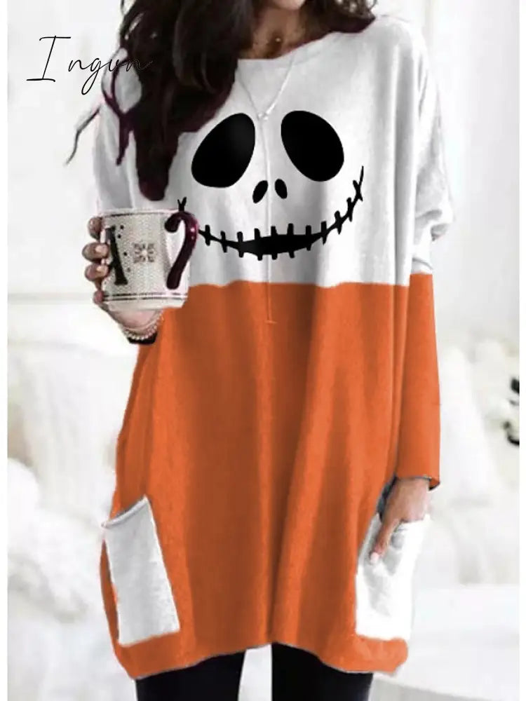 Ingvn - Women's Tunic Shirts Tunic Black White Wine Plaid Color Block Pocket Print Long Sleeve Halloween Weekend Round Neck Long Abstract Painting S