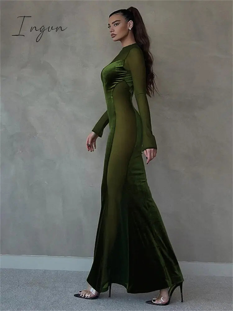 Ingvn - Womens Fall Fashion Mesh Patchwork O Neck Long Sleeve Maxi Dress Women Autumn Winter Elegant Sexy See Through Party Dresses Club Outfits