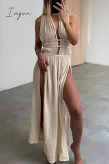 Ingvn - Sexy Bohemian Solid Slit V Neck Beach Dresses