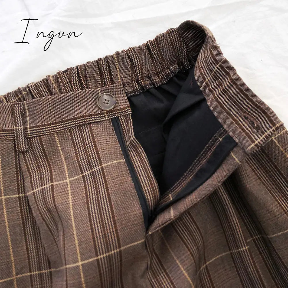 Ingvn - Fashion Trends Spring Women Pants Plaid High Waist Dropping Feeling High Waist Wide Leg Long Suit  Pants