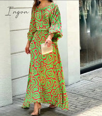 Ingvn - Women Two Piece Set Crew Neck Print Long Lantern Sleeve Top Elegant Dress High Streetwear Casual Beach Suit