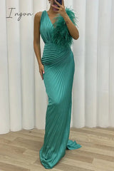 Ingvn - Sexy Solid Patchwork Pleated V Neck Long Dress Dresses