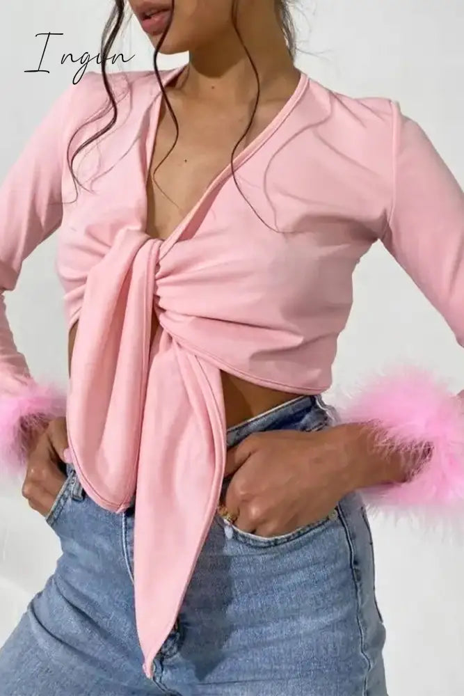 Sexy Solid Feathers Knotted V Neck Tops