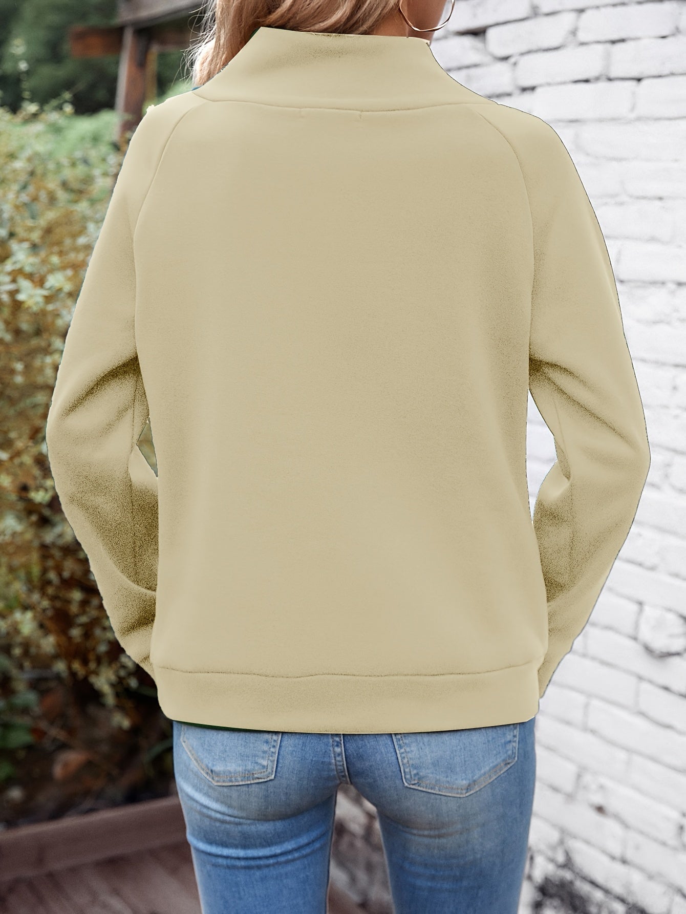 Solid Mock Neck Button Sweatshirt, Elegant Long Sleeve Sweatshirt For Fall & Winter, Women's Clothing