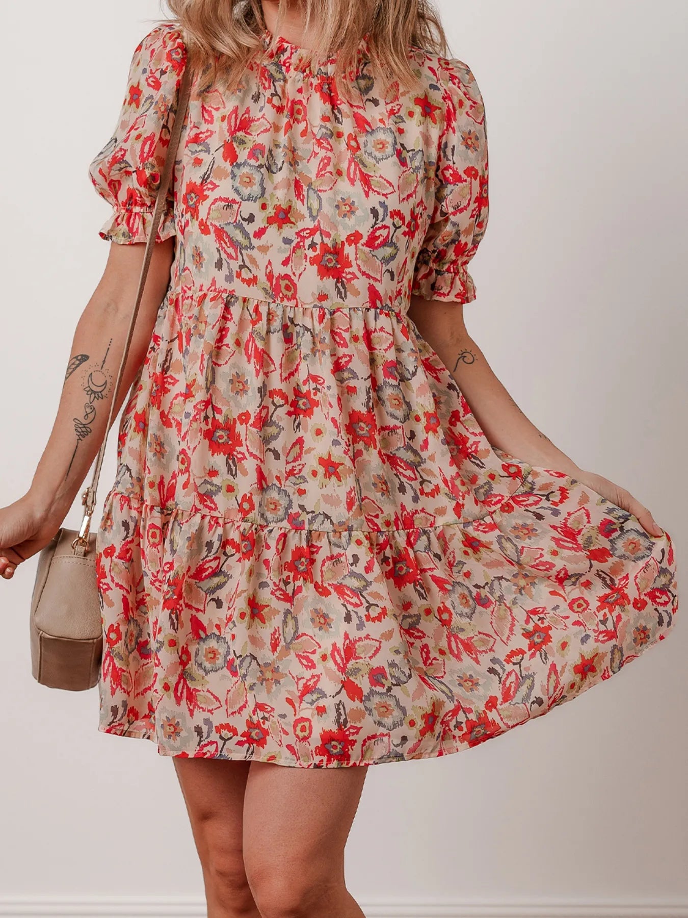 Floral Print Frilled Neck Puff Sleeve High Waist Dress