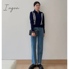 Ingvn - Women Wool Blend Navy Classic Chic Sweater 2023 Fall Winter New In