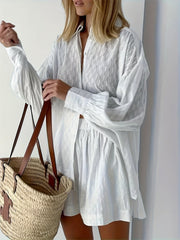 Long Sleeve Button Front Solid Color Elegant Set, Women's Loose Fit Shorts & Shirt
