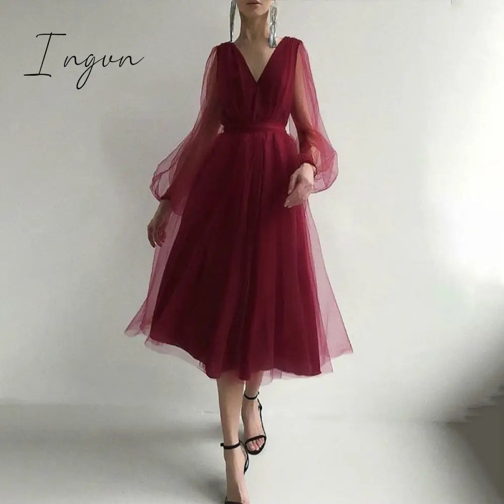 Ingvn - Deep V-Neck Women Mesh Dress Party Summer Long Puff Sleeve Pink Zipper A-Line Thin Waist Translucent Young Girls Clothes