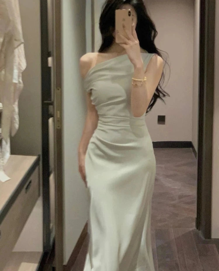 Women Elegant Solid Evening Party Dresses Summer Fashion Korean Graduation Formal Dress Off Shoulder Slim Vestidos Clothing
