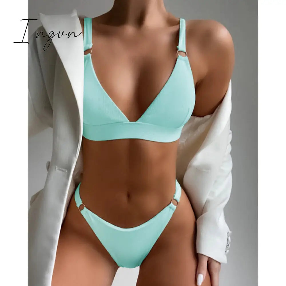 Ingvn - New Sexy Ribbed Ring Bikinis Swimsuit Women Push Up Swimwear Solid Bikini Set Summer Beach Brazil Biquini Swim Bathing Suit