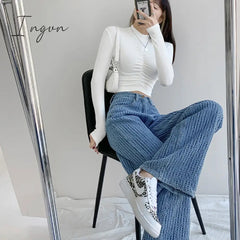 Ingvn - Women Jeans High Waist Casual Streetwear y2k Baggy Office Lady New Fashion Korean Denim Trousers Female Straight Wide Leg Pants