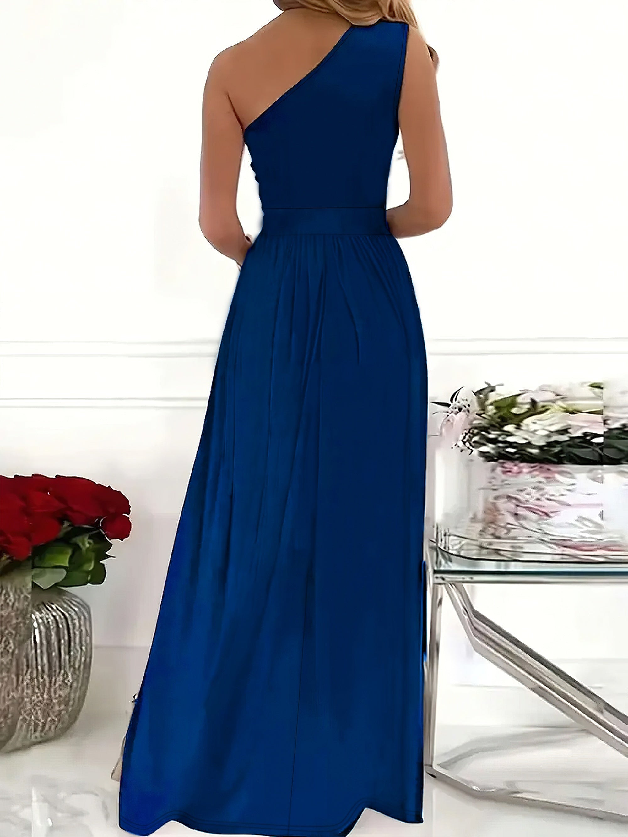 Solid One Shoulder Split Aline Dress, Elegant Ruffle Hem Sleeveless Asymmetrical Dress For Club & Party, Women's Clothing