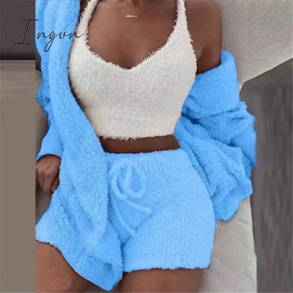 Ingvn - Brand quality Autumn Winter 3 Piece Fluffy Outfits Plush Sexy Backless Fleece Pyjamas Women Casual Sports Sweatshirt Home Wear Sets Tracksuit