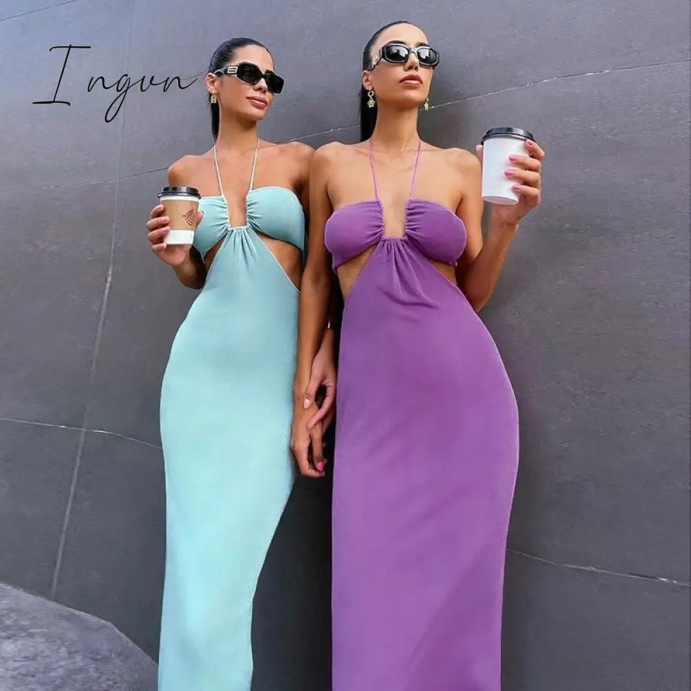 Ingvn - Sexy Hollow Out Corset Maxi Dress Party Dress Women Halter Cut Out  Wrap Split Long Dresses Summer Backless Clubwear Midi Robe