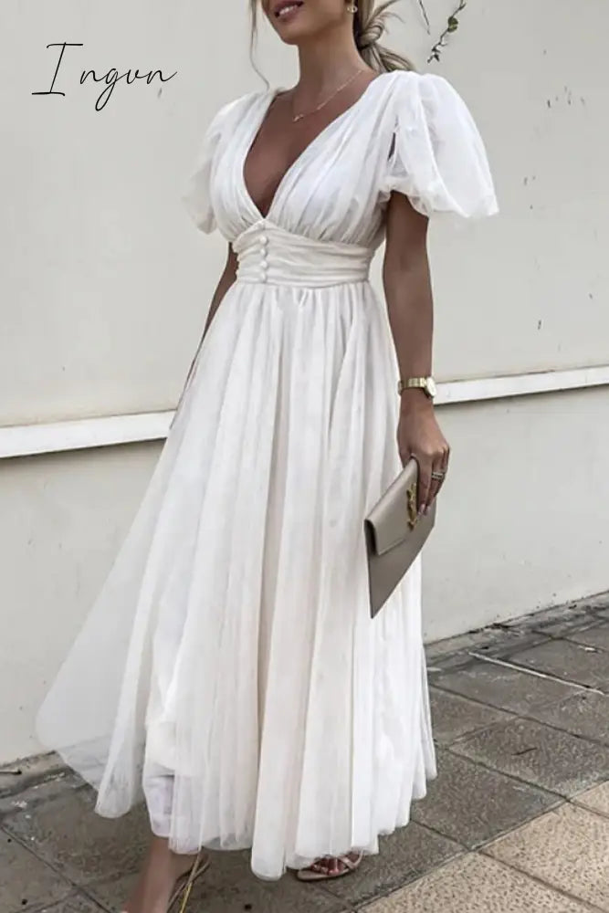 Ingvn- Elegant Solid Lace Mesh V Neck Evening Dress Dresses