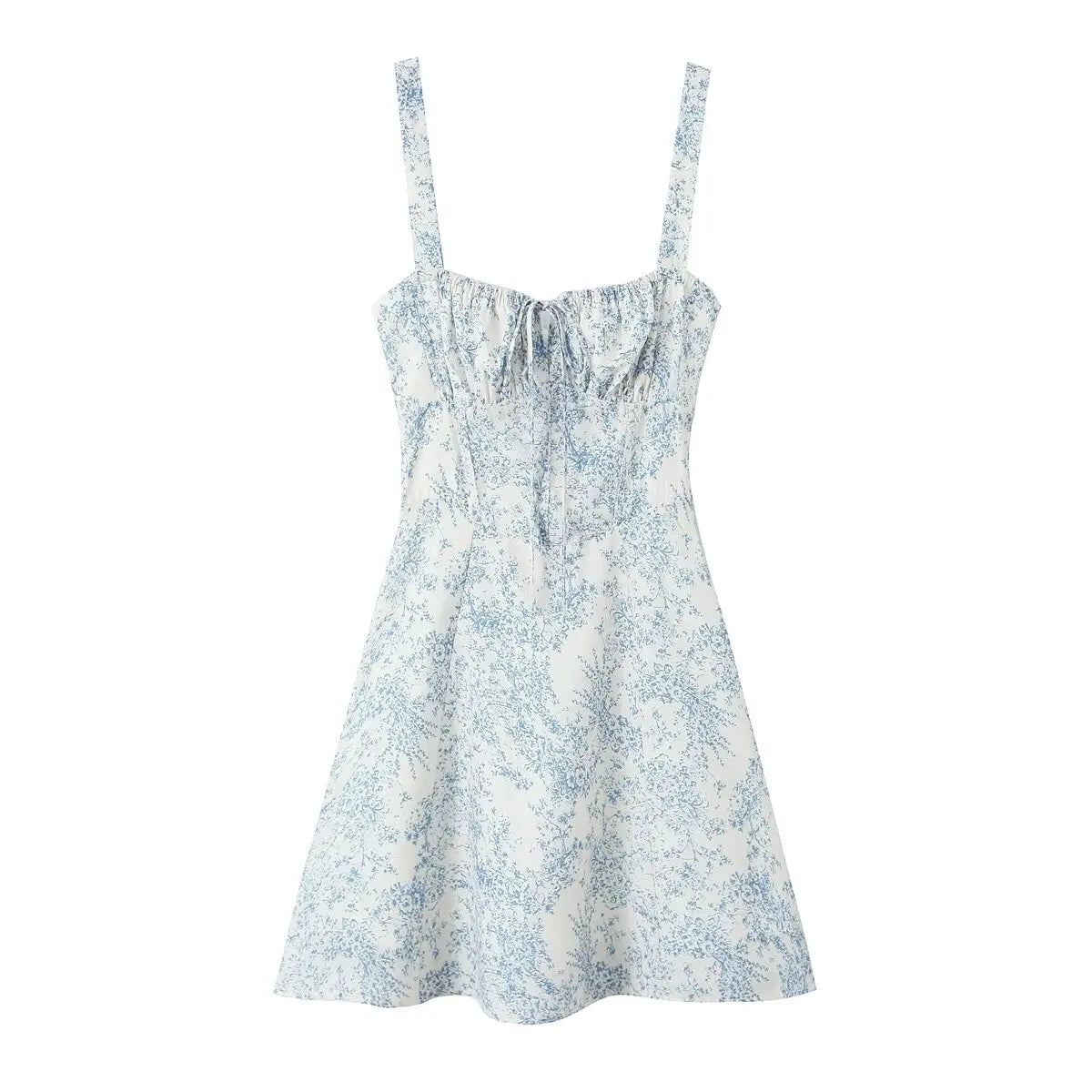 New Women French Style Floral Print Sling Short Dress Lace Up Bandage Back A-line  Summer Dress Holiday Robe
