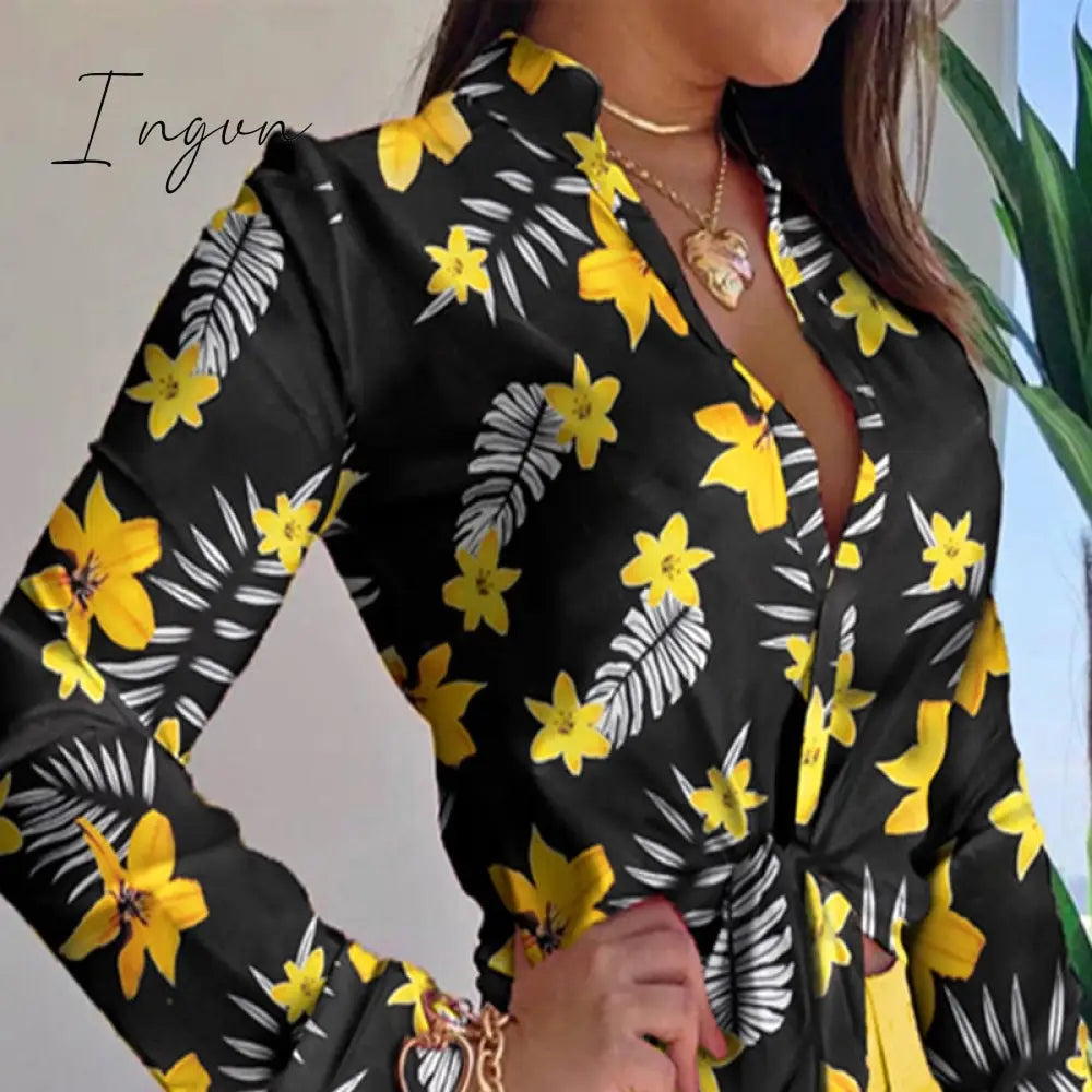 Ingvn - Shorts Sets Women's Summer Suit High Waist Shorts LongSleev Shirts Two Piece Set Printed Leisure Sets Womens Outfits Shorts Set