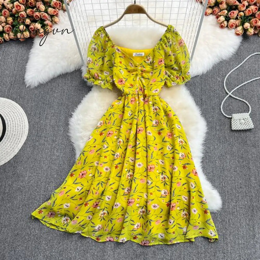 Ingvn - Summer Outfits Ladies French Retro V-neck Floral Women Dress Elegant Draped Flowers Short Puff Sleeves Slim Fairy Mid-calf A-line Dress