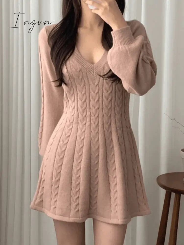 Ingvn - V Neck Cable Knit Long Sleeve Mini Dress