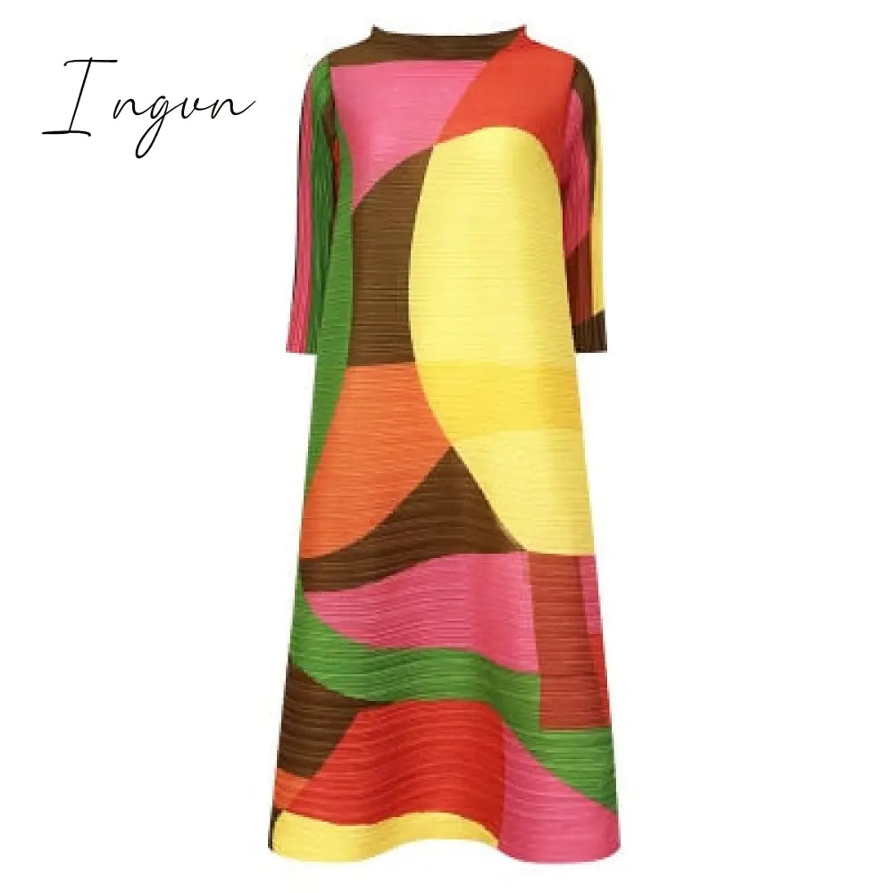 Ingvn - Pleated Dress Women Hit Color Geometric With Belt Sashes Over Size Long Sweet Casual New Spring Fashion Tide