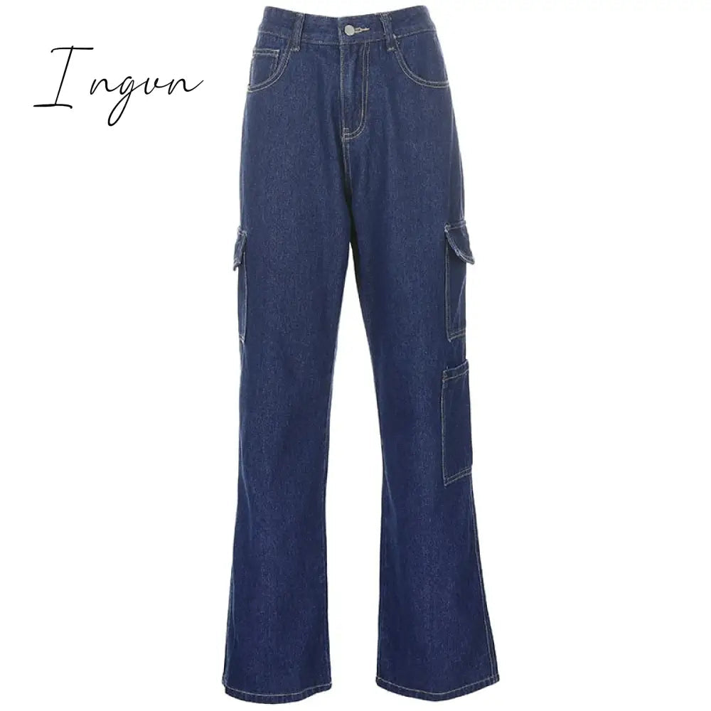 Ingvn - Fashion Streetwear Women Jeans Pocket High Waist Jeans Korean Casual Straight Harajuku Denim Pants Baggy New Cargo Pants