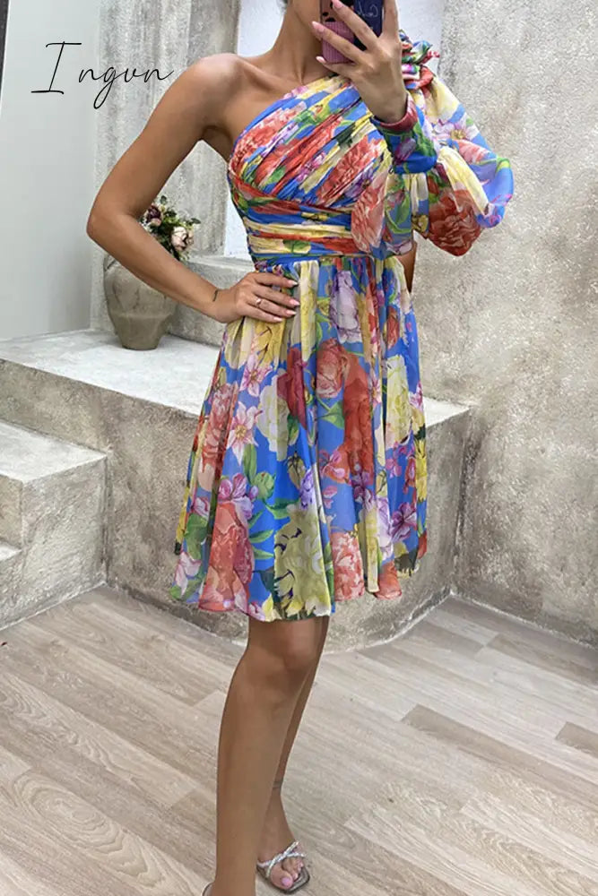 Ingvn - Sweet Elegant Floral Fold Oblique Collar A Line Dresses