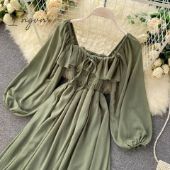 Ingvn - Woherb Chic Elegant Square Collar Maxi Dress Women Solid Chiffon Puff Sleeve Dresses Korean Fashion Vintage Ruffle Vestidos