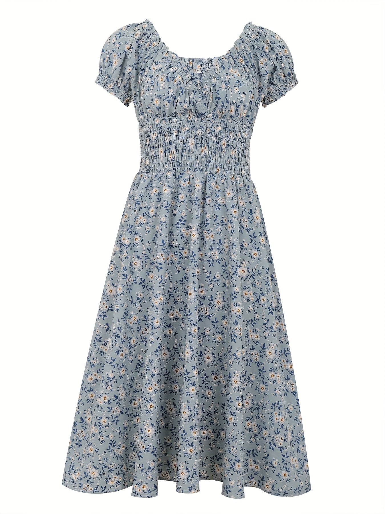 Chic Ditsy Floral Print Dress - Flattering Shirred Waist & Feminine V-Neck - Adjustable Short Sleeves - Perfect for Everyday Stylish Wear - Womens Clothing