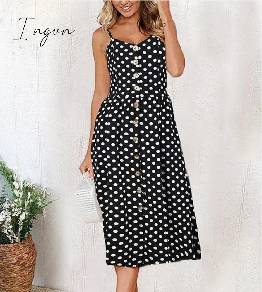 Ingvn - Vintage Casual Sundress Female Beach Dress Midi Button Backless Polka Dot Striped Women Dress Summer Boho Sexy Floral Dress