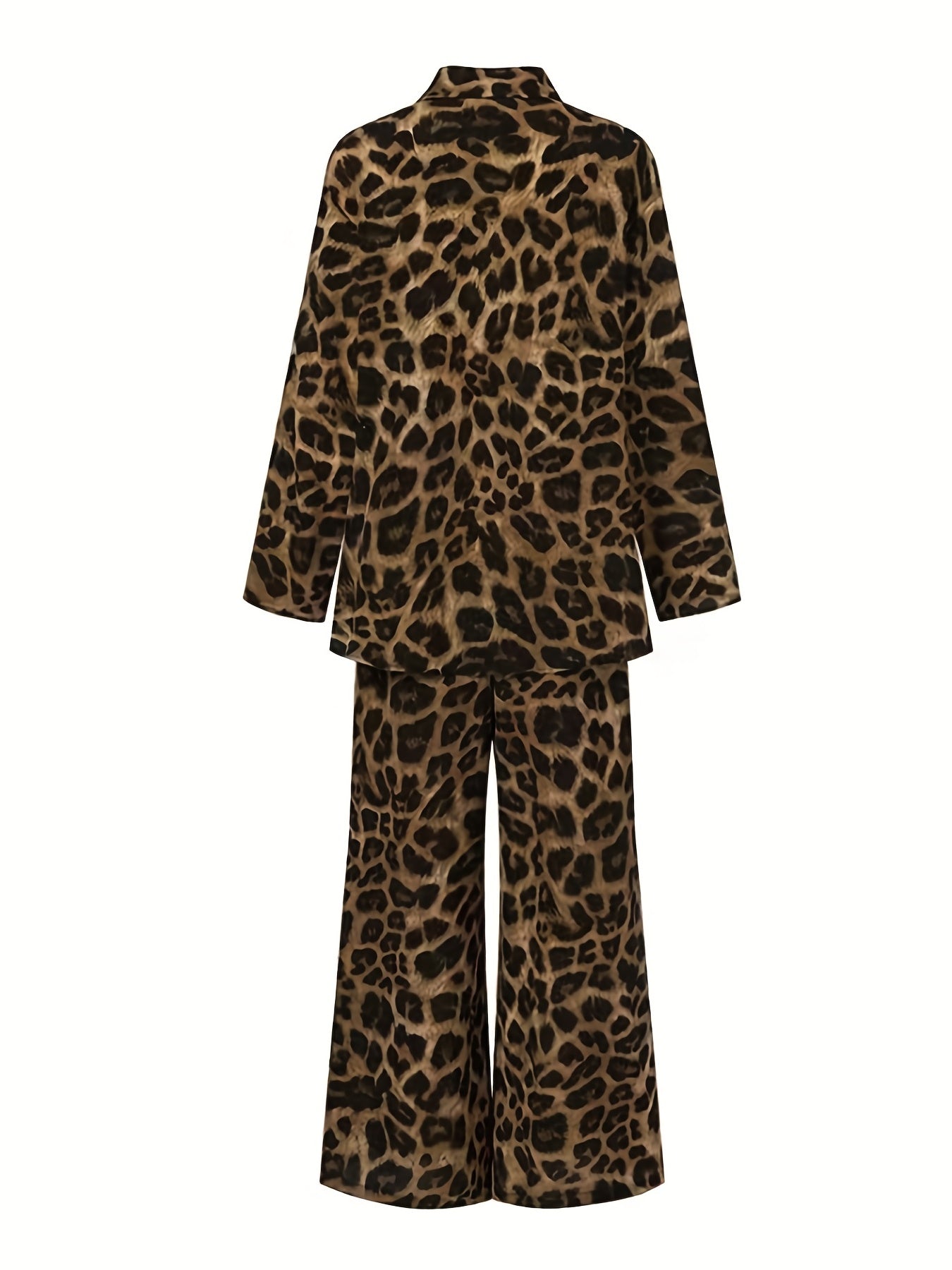 Two-piece Set, Leopard Print Button Front Long Sleeve Shirt & Wide Leg Pants Outfits, Women's Casual Clothing