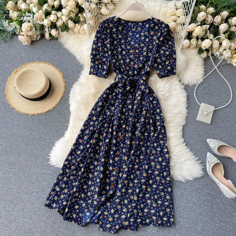 Ingvn - beach Red elegant sexy Dress women Summer Autumn V-neck polka dot midi dress waist split dress vestidos de fiesta clothes