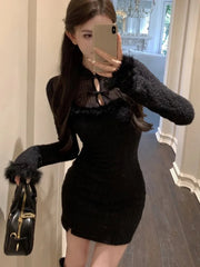 Vintage Mini Dress for Women Chinese Style Long Sleeves Bodycon Evening Party Dresses Autumn Female Slim Waist Vestidos Mujer