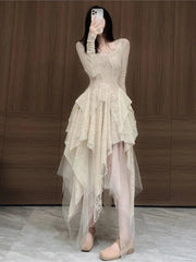 French Elegant Women's Vintage Dress Autumn Winter New Irregular Lace Splicing Evening Long Bridesmaid Party Dress