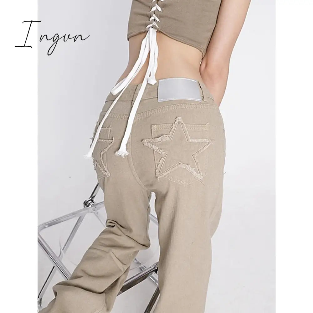 Ingvn - Women's Khaki Wide Leg Jeans Star Pocket Vintage Straight Pants High Waist Baggy Streetwear Casual Brown Denim Trouser Ladies