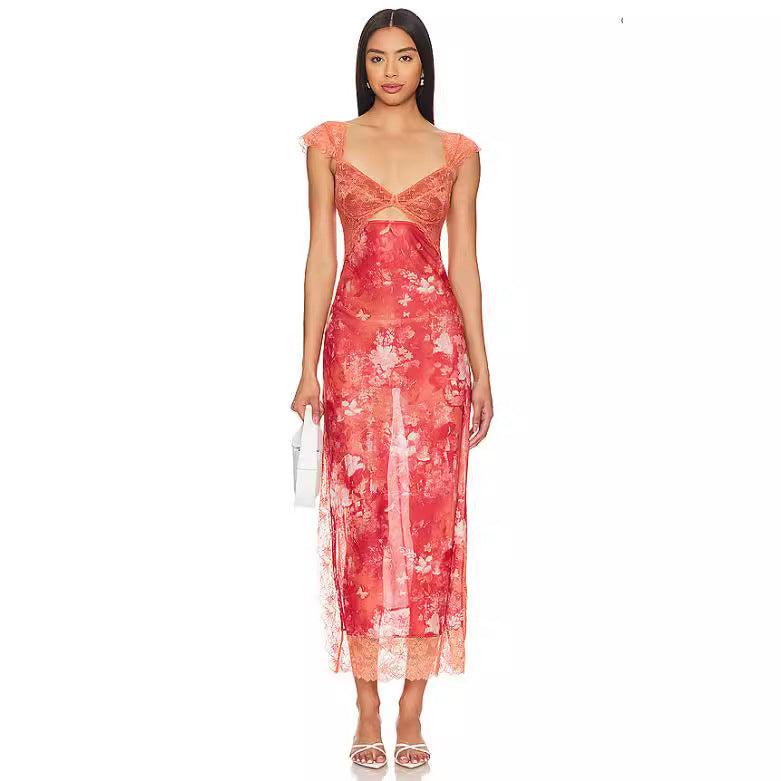 Summer New  Lace Backless Shoulder Strap Stitching Vented Color Long dress Women's Clothing