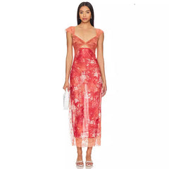 Summer New  Lace Backless Shoulder Strap Stitching Vented Color Long dress Women's Clothing