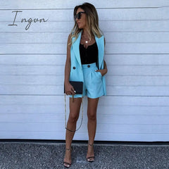 Ingvn - Women Sleeveless plaid button up elastic waist Blazer Top and pocket short Set Elegant Office Ladies Suits Women Workwear